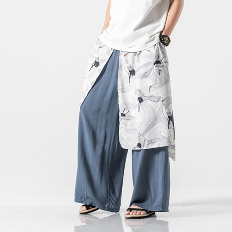 Nimara Ritual Summer Flying Crane Design Cotton Men's Wide Leg Pants With Pockets