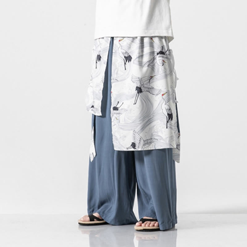 Nimara Ritual Summer Flying Crane Design Cotton Men's Wide Leg Pants With Pockets