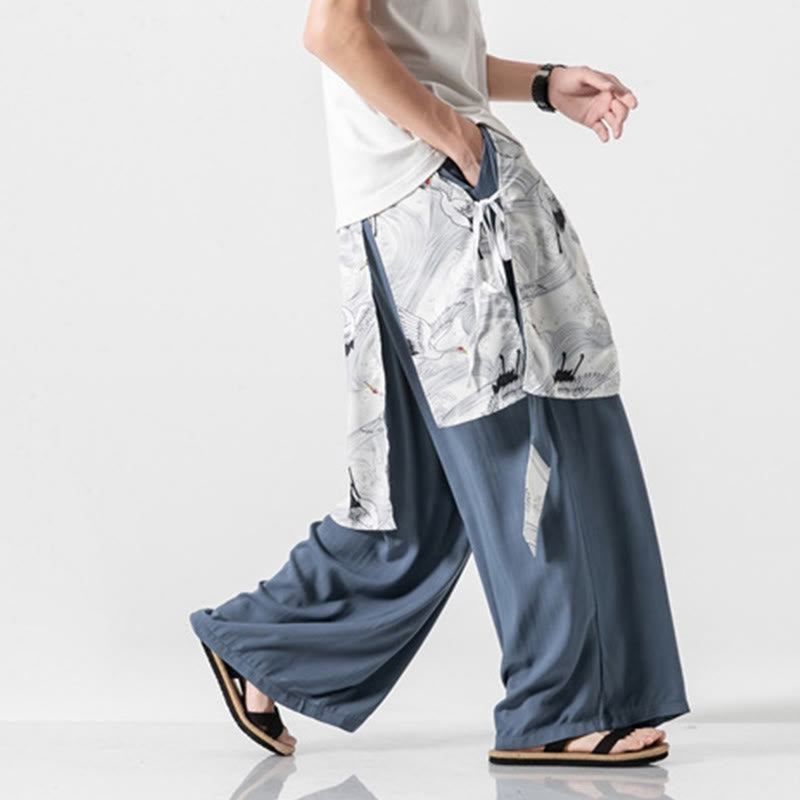 Nimara Ritual Summer Flying Crane Design Cotton Men's Wide Leg Pants With Pockets