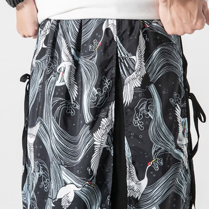 Nimara Ritual Summer Flying Crane Design Cotton Men's Wide Leg Pants With Pockets