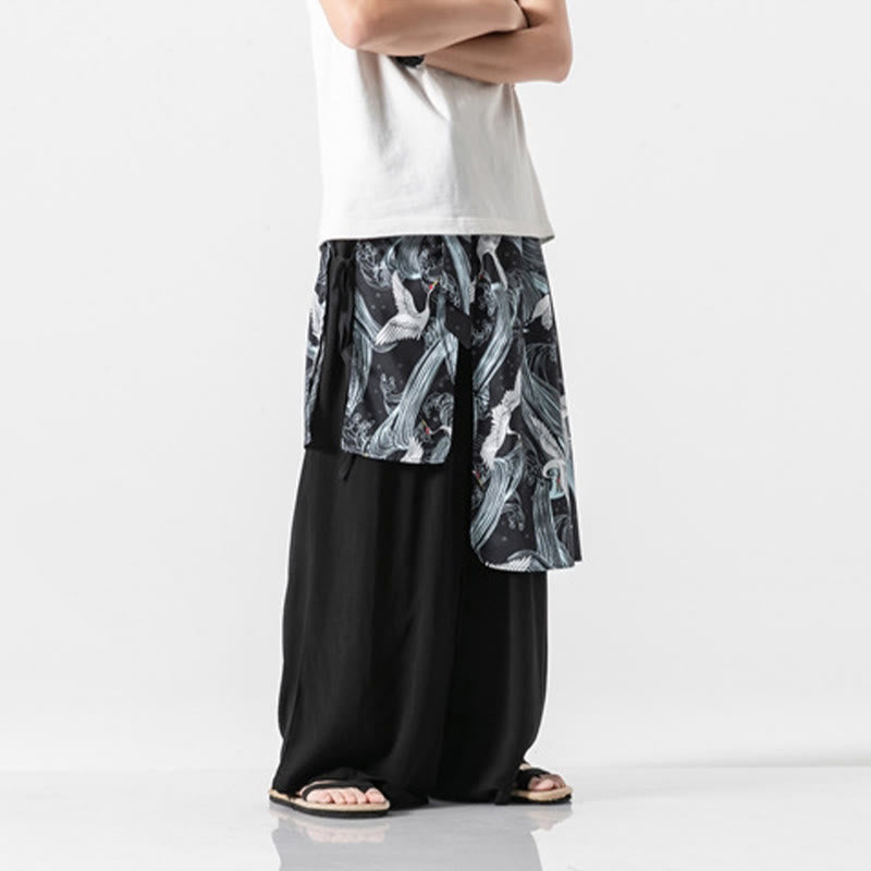 Nimara Ritual Summer Flying Crane Design Cotton Men's Wide Leg Pants With Pockets