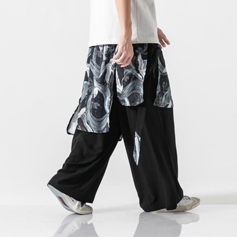 Nimara Ritual Summer Flying Crane Design Cotton Men's Wide Leg Pants With Pockets
