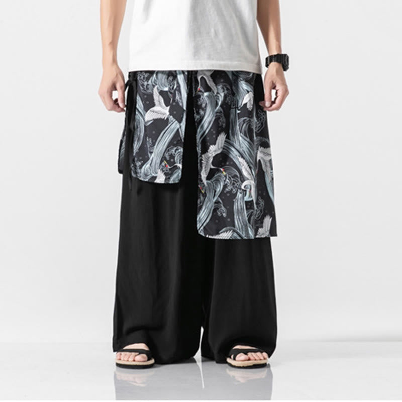 Nimara Ritual Summer Flying Crane Design Cotton Men's Wide Leg Pants With Pockets