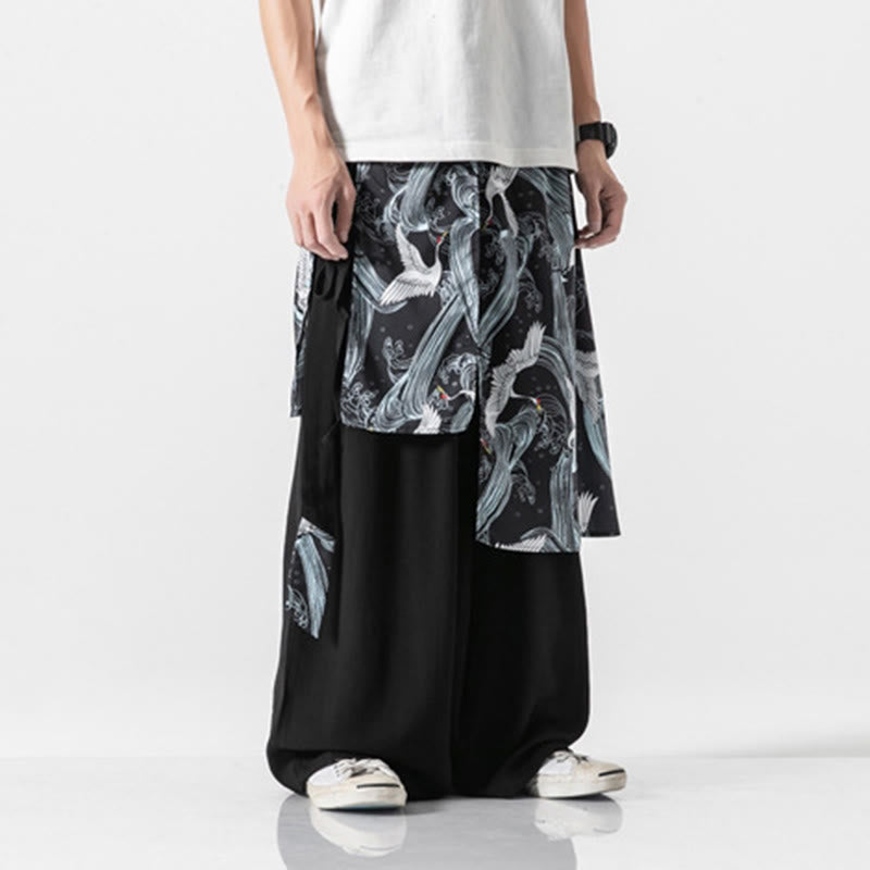 Nimara Ritual Summer Flying Crane Design Cotton Men's Wide Leg Pants With Pockets