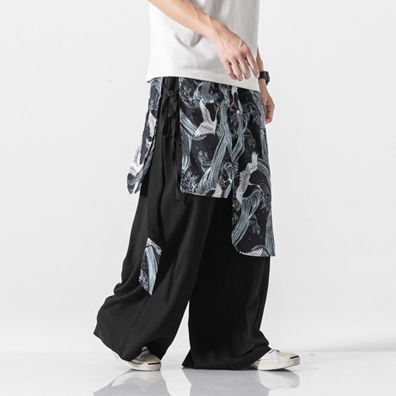 Nimara Ritual Summer Flying Crane Design Cotton Men's Wide Leg Pants With Pockets
