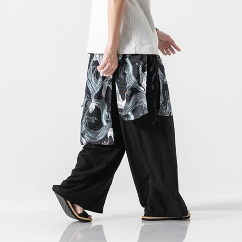 Nimara Ritual Summer Flying Crane Design Cotton Men's Wide Leg Pants With Pockets