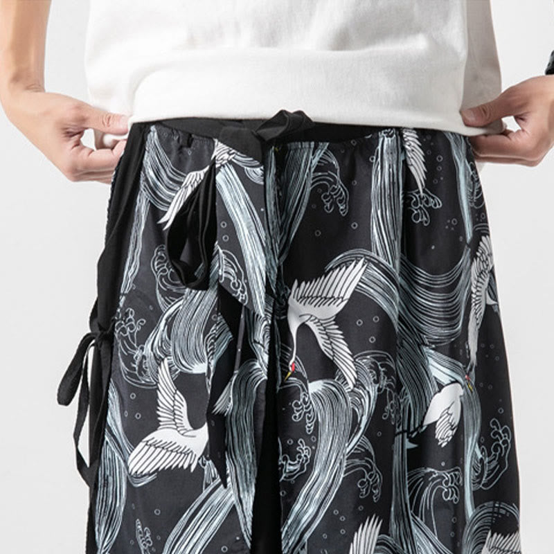Nimara Ritual Summer Flying Crane Design Cotton Men's Wide Leg Pants With Pockets