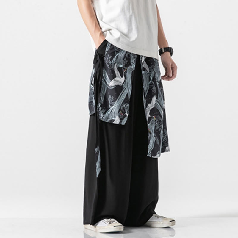 Nimara Ritual Summer Flying Crane Design Cotton Men's Wide Leg Pants With Pockets