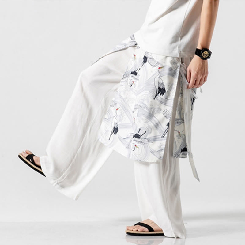 Nimara Ritual Summer Flying Crane Design Cotton Men's Wide Leg Pants With Pockets