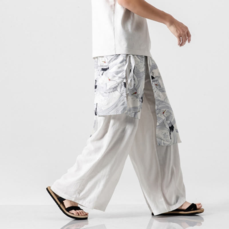 Nimara Ritual Summer Flying Crane Design Cotton Men's Wide Leg Pants With Pockets
