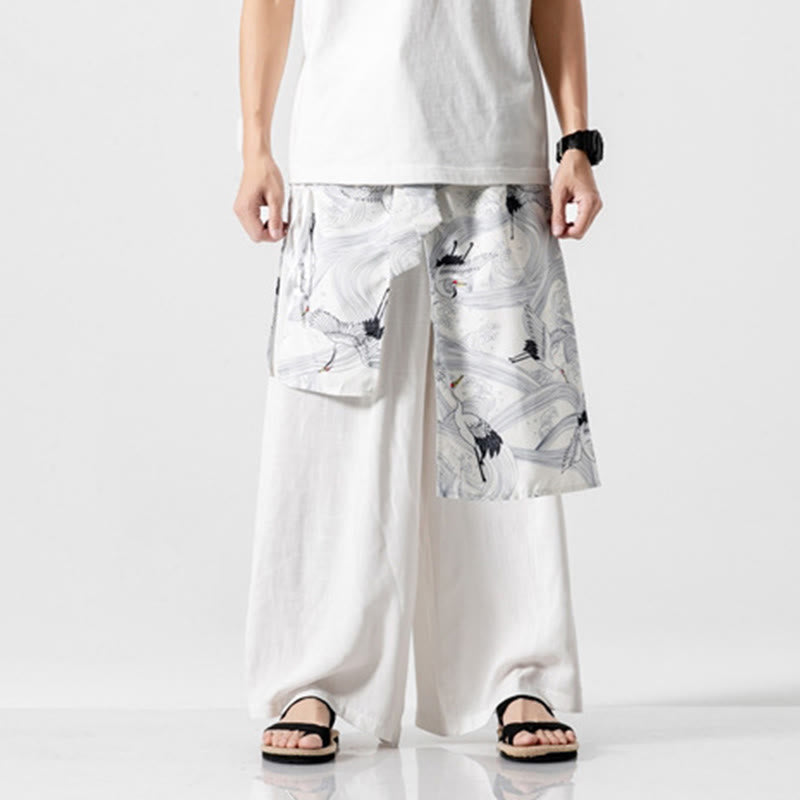 Nimara Ritual Summer Flying Crane Design Cotton Men's Wide Leg Pants With Pockets