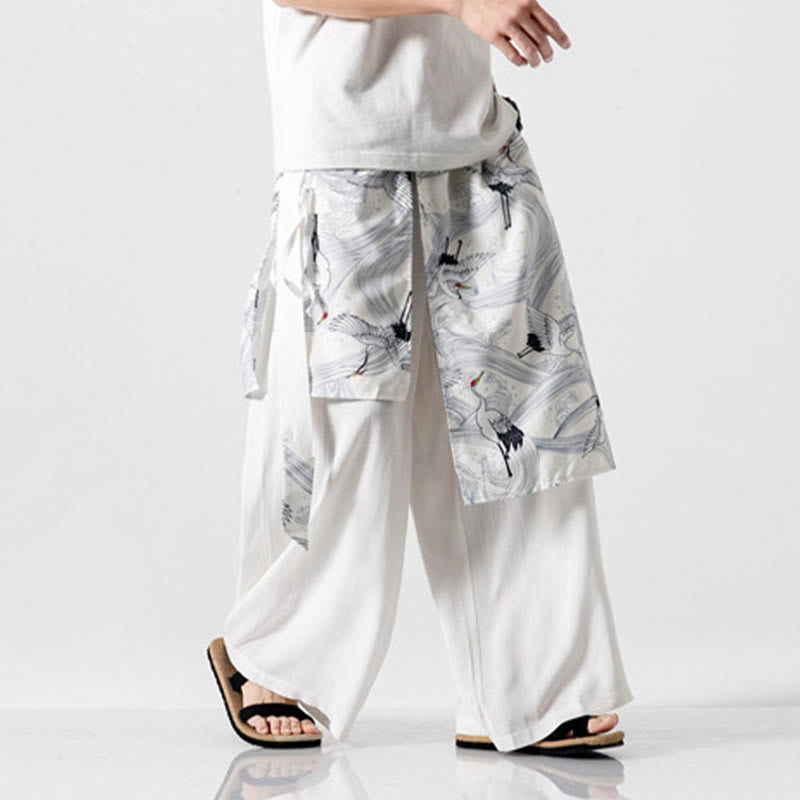 Nimara Ritual Summer Flying Crane Design Cotton Men's Wide Leg Pants With Pockets