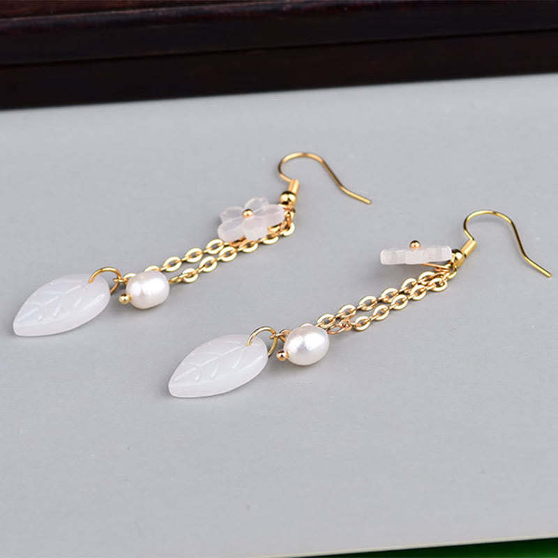 Nimara Ritual Pearl White Flower Leaves Happiness Drop Earrings