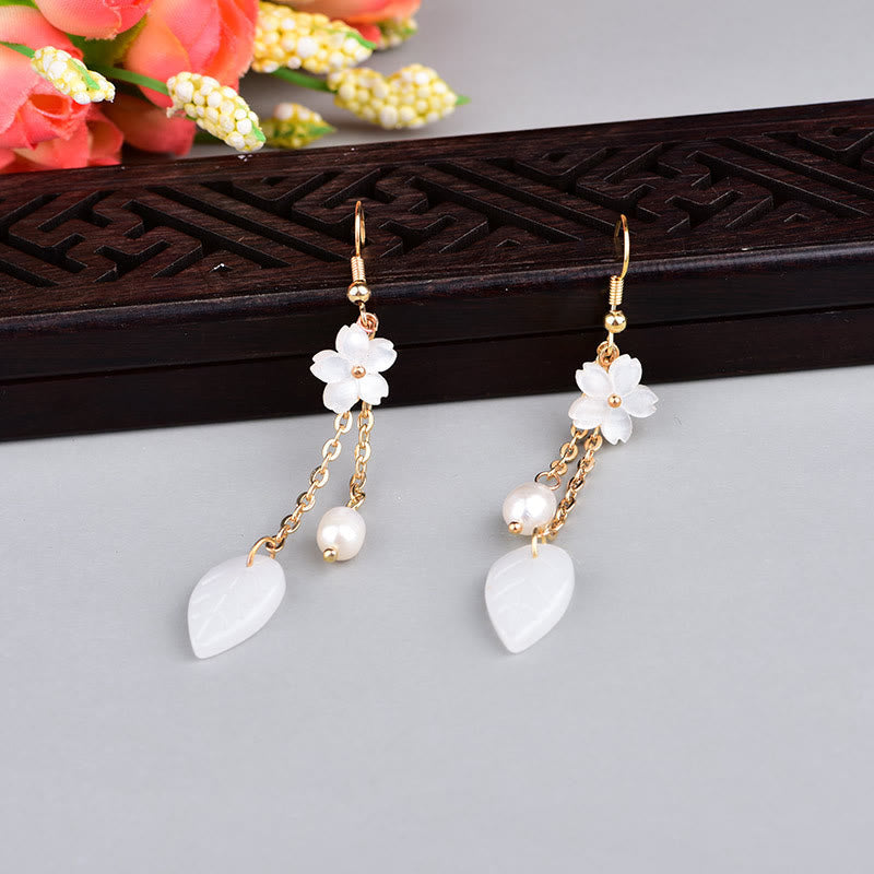 Nimara Ritual Pearl White Flower Leaves Happiness Drop Earrings