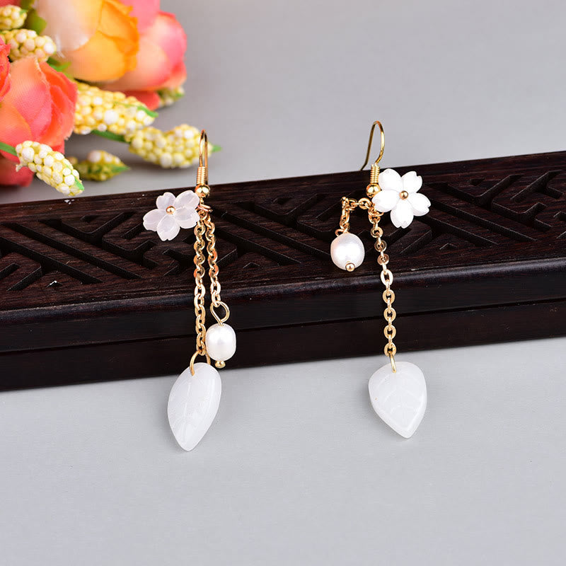 Nimara Ritual Pearl White Flower Leaves Happiness Drop Earrings