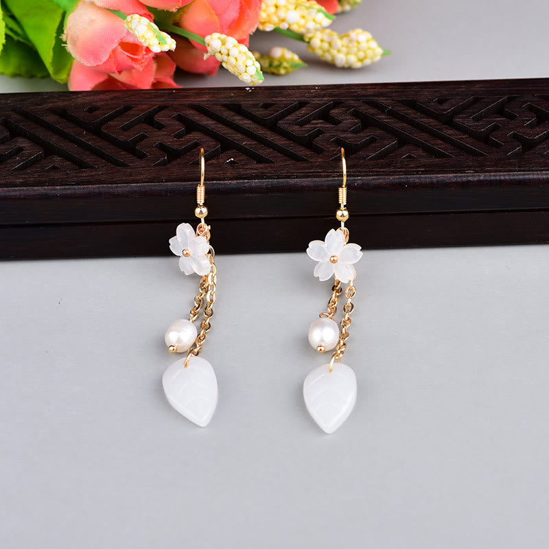 Nimara Ritual Pearl White Flower Leaves Happiness Drop Earrings