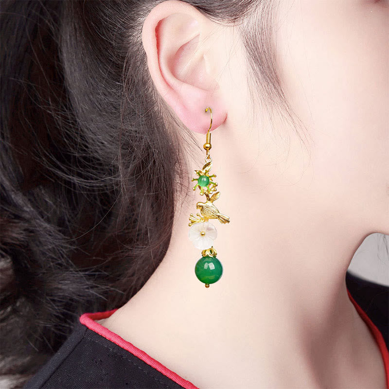 Nimara Ritual Green Agate Bead White Flower Bird Power Drop Earrings