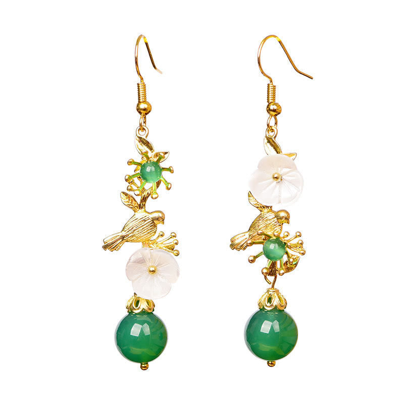 Nimara Ritual Green Agate Bead White Flower Bird Power Drop Earrings