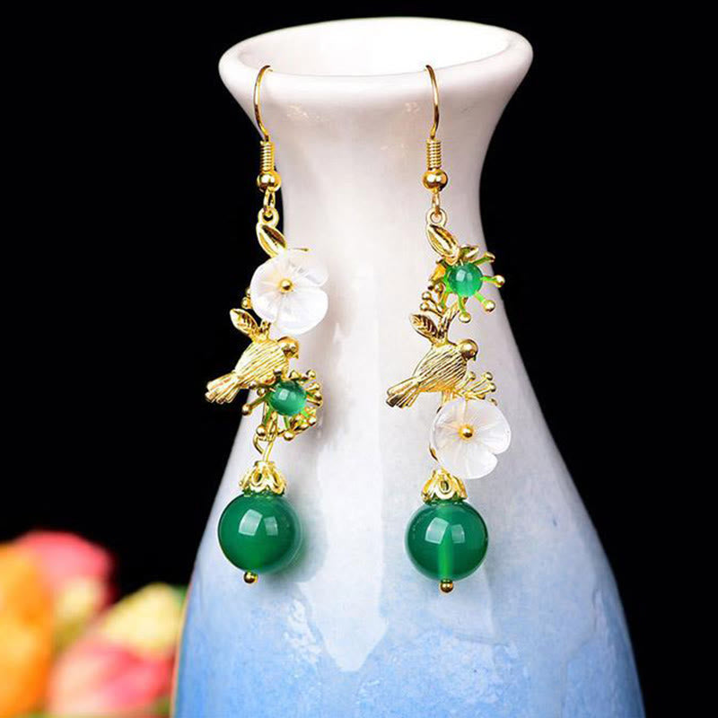 Nimara Ritual Green Agate Bead White Flower Bird Power Drop Earrings