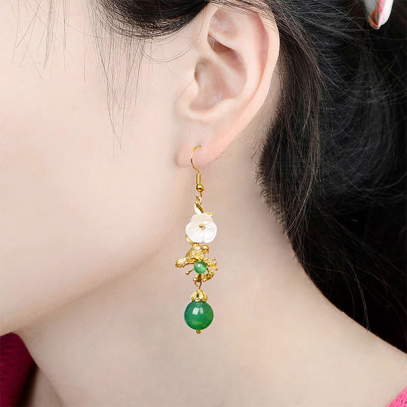Nimara Ritual Green Agate Bead White Flower Bird Power Drop Earrings
