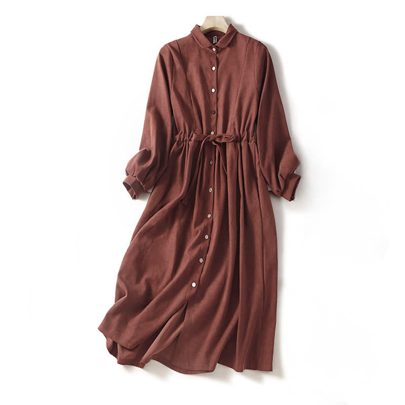 Nimara Ritual Fall Solid Color Buttons Down Lace-up Design Long Sleeve Midi Dress With Pockets