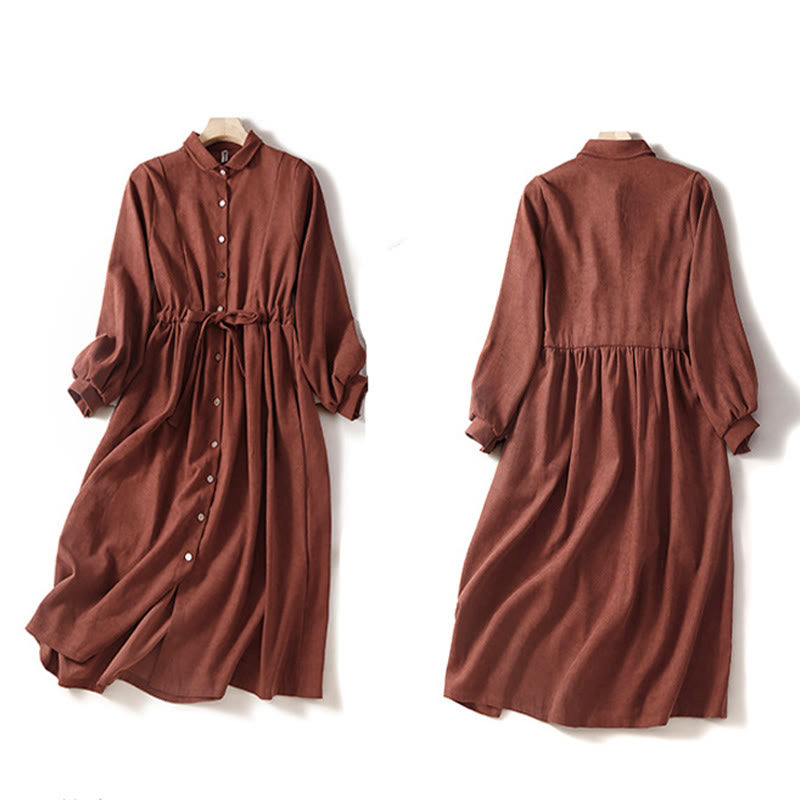 Nimara Ritual Fall Solid Color Buttons Down Lace-up Design Long Sleeve Midi Dress With Pockets