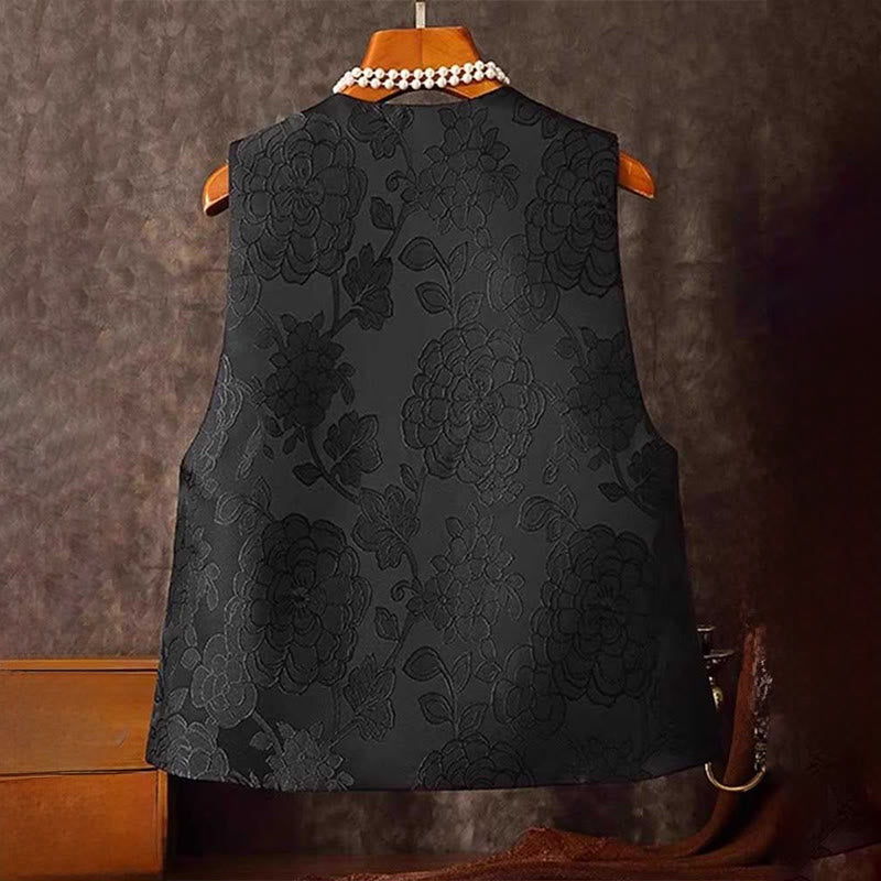 Nimara Ritual Black Peony Flowers Frog-Button Pattern Cotton Women's Sleeveless Vest Waistcoat