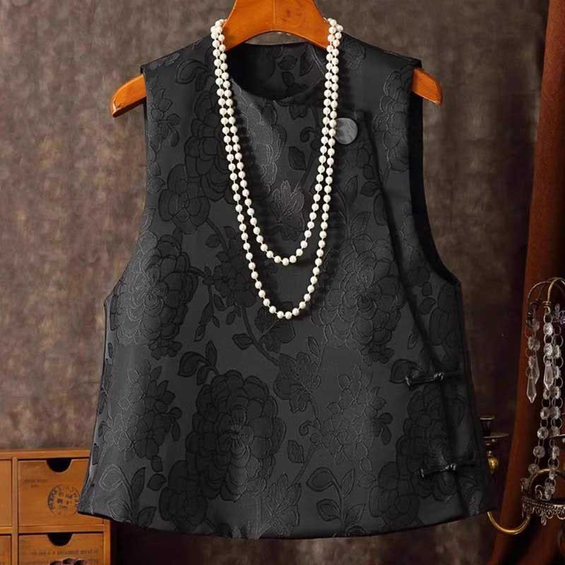 Nimara Ritual Black Peony Flowers Frog-Button Pattern Cotton Women's Sleeveless Vest Waistcoat