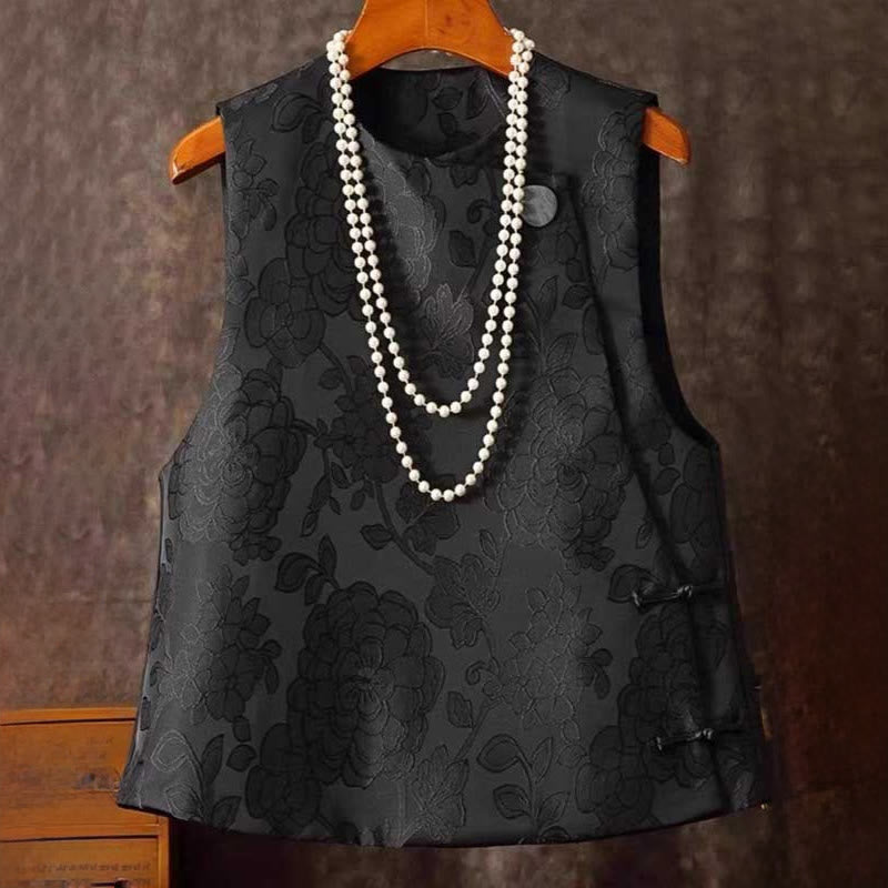 Nimara Ritual Black Peony Flowers Frog-Button Pattern Cotton Women's Sleeveless Vest Waistcoat