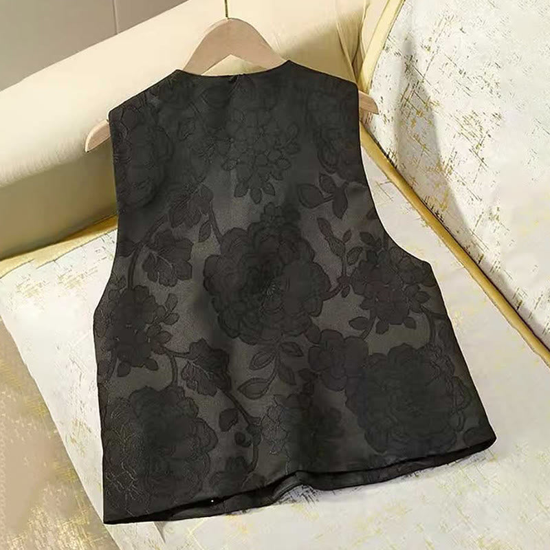 Nimara Ritual Black Peony Flowers Frog-Button Pattern Cotton Women's Sleeveless Vest Waistcoat