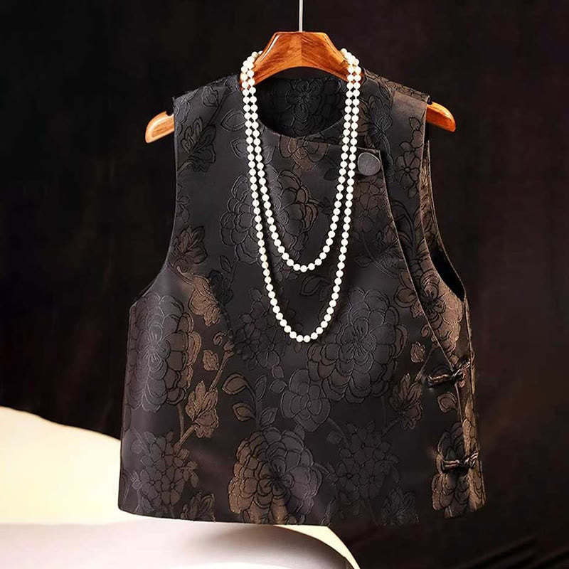 Nimara Ritual Black Peony Flowers Frog-Button Pattern Cotton Women's Sleeveless Vest Waistcoat