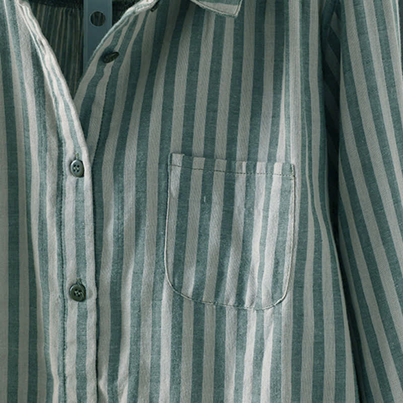 Nimara Ritual Spring Vertical Stripes Long Sleeve Decorative Pocket Women's Cotton Buttons Shirt