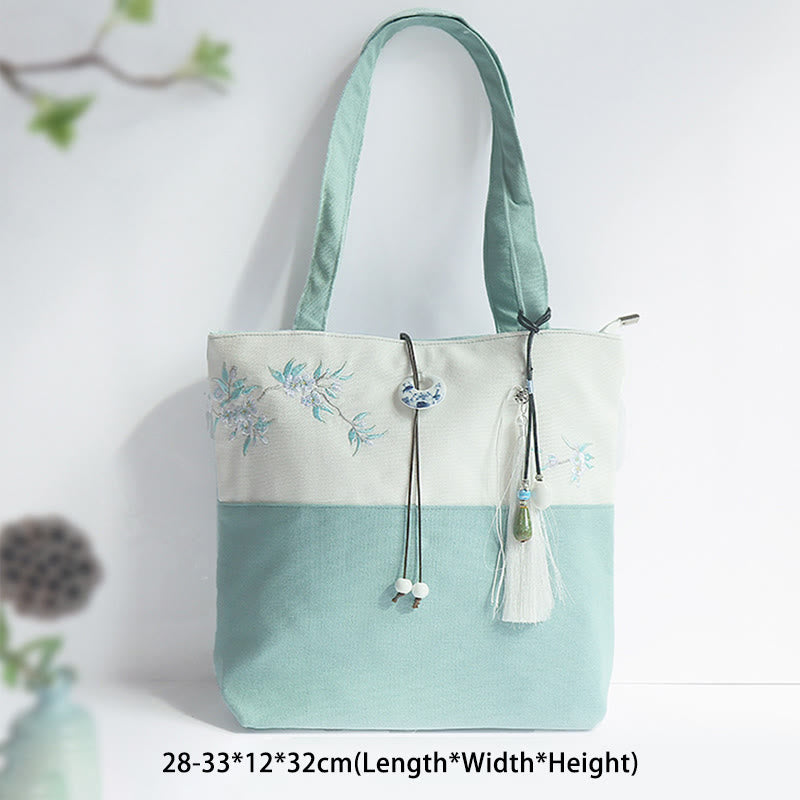 Nimara Ritual Pear Flower Plum Peach Blossom Bamboo Embroidery Canvas Large Capacity Shoulder Bag Tote Bag