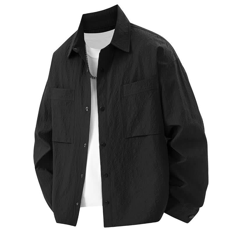 Nimara Ritual Spring Solid Color Textured Long Sleeve Button Men's Lapel Shirts With Pocket