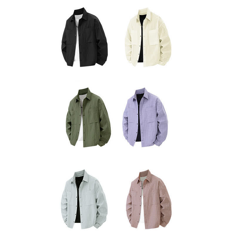 Nimara Ritual Spring Solid Color Textured Long Sleeve Button Men's Lapel Shirts With Pocket