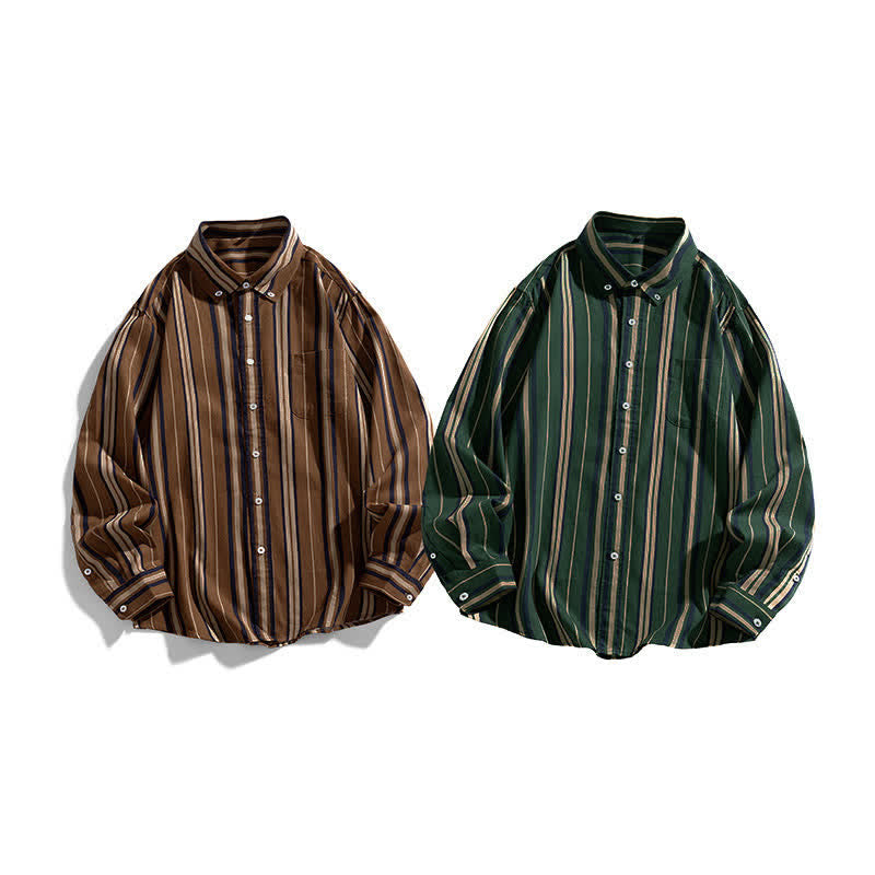 Nimara Ritual Retro Color Blocked Stripes Long Sleeve Button Men's Cotton Shirts With Pocket