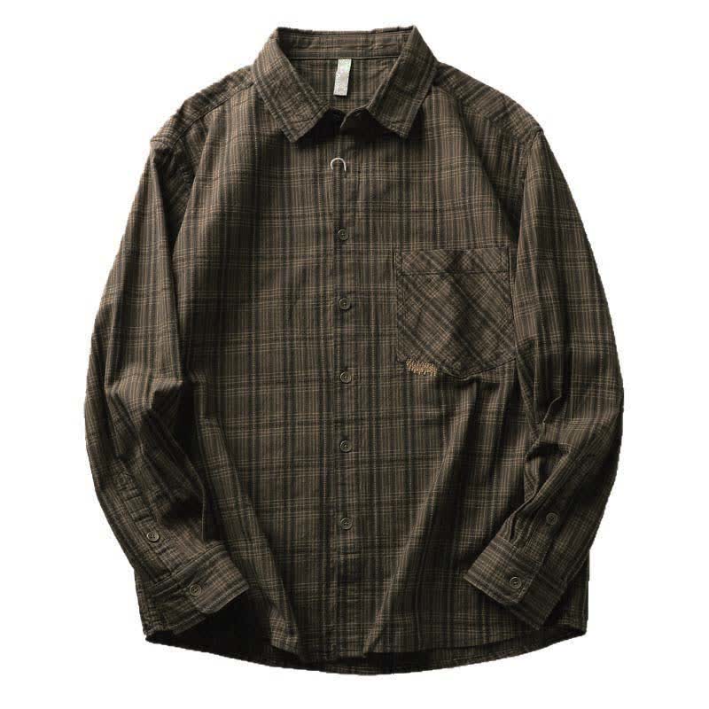 Nimara Ritual Fall Commute Embroidery Plaid Pattern Men's Cotton Long Sleeve Shirts With Pocket