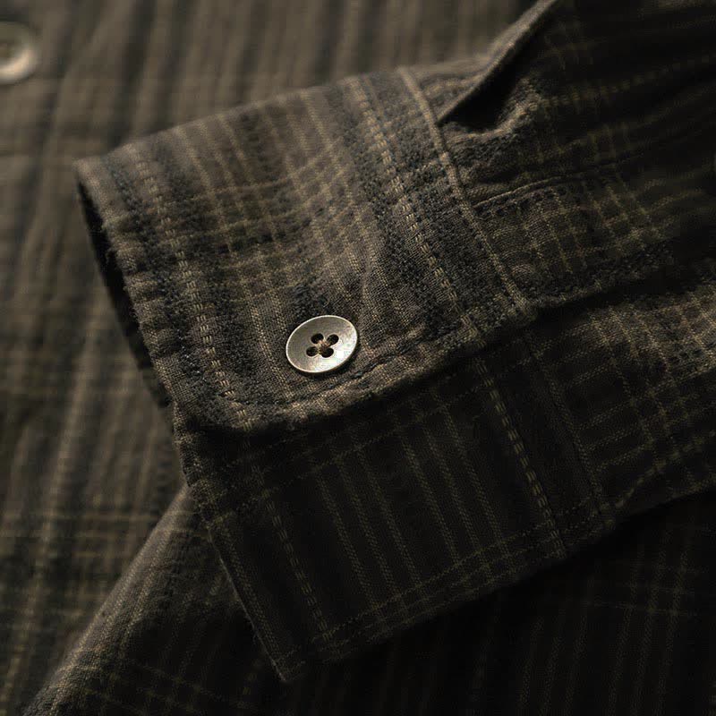 Nimara Ritual Fall Commute Embroidery Plaid Pattern Men's Cotton Long Sleeve Shirts With Pocket