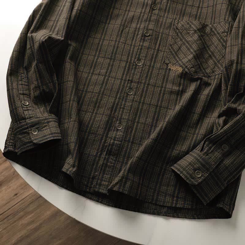 Nimara Ritual Fall Commute Embroidery Plaid Pattern Men's Cotton Long Sleeve Shirts With Pocket