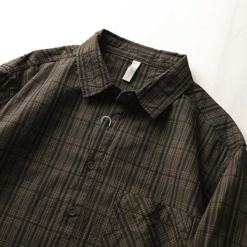 Nimara Ritual Fall Commute Embroidery Plaid Pattern Men's Cotton Long Sleeve Shirts With Pocket