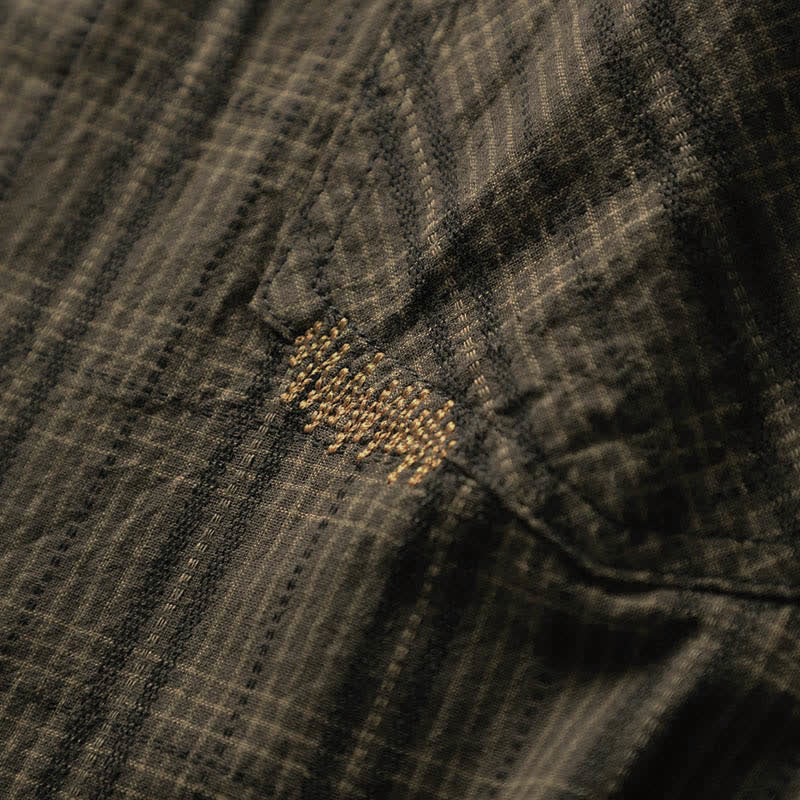 Nimara Ritual Fall Commute Embroidery Plaid Pattern Men's Cotton Long Sleeve Shirts With Pocket
