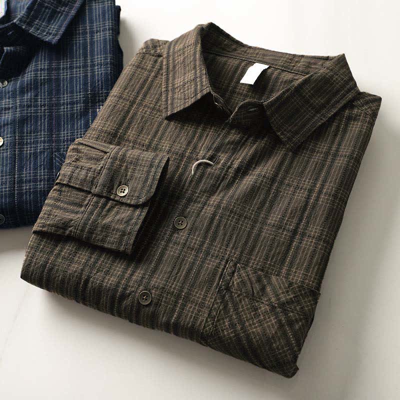 Nimara Ritual Fall Commute Embroidery Plaid Pattern Men's Cotton Long Sleeve Shirts With Pocket