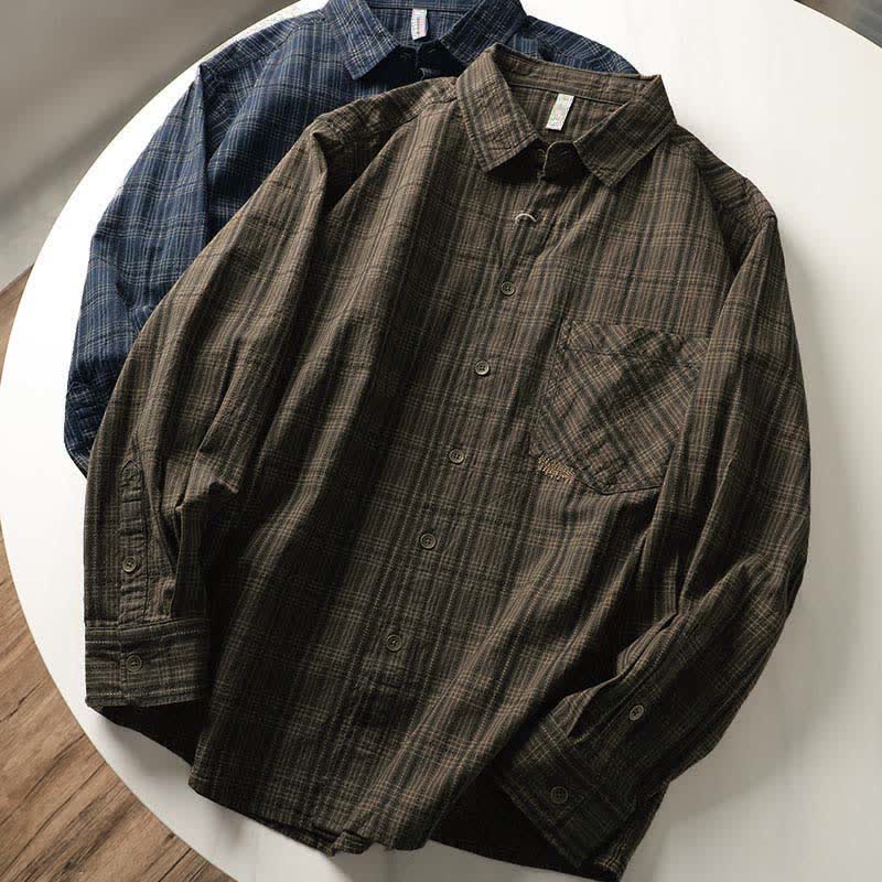 Nimara Ritual Fall Commute Embroidery Plaid Pattern Men's Cotton Long Sleeve Shirts With Pocket