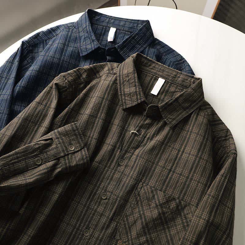 Nimara Ritual Fall Commute Embroidery Plaid Pattern Men's Cotton Long Sleeve Shirts With Pocket
