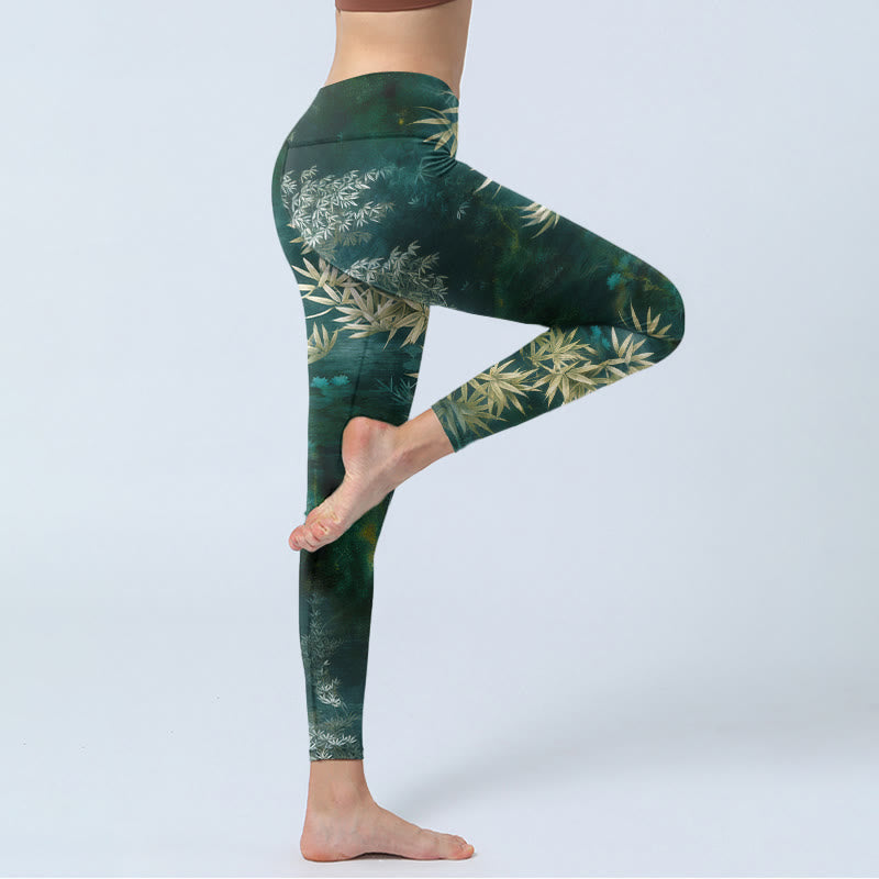 Nimara Ritual Elegant Bamboo Leaf Pattern Print Gym Leggings Women's Yoga Pants