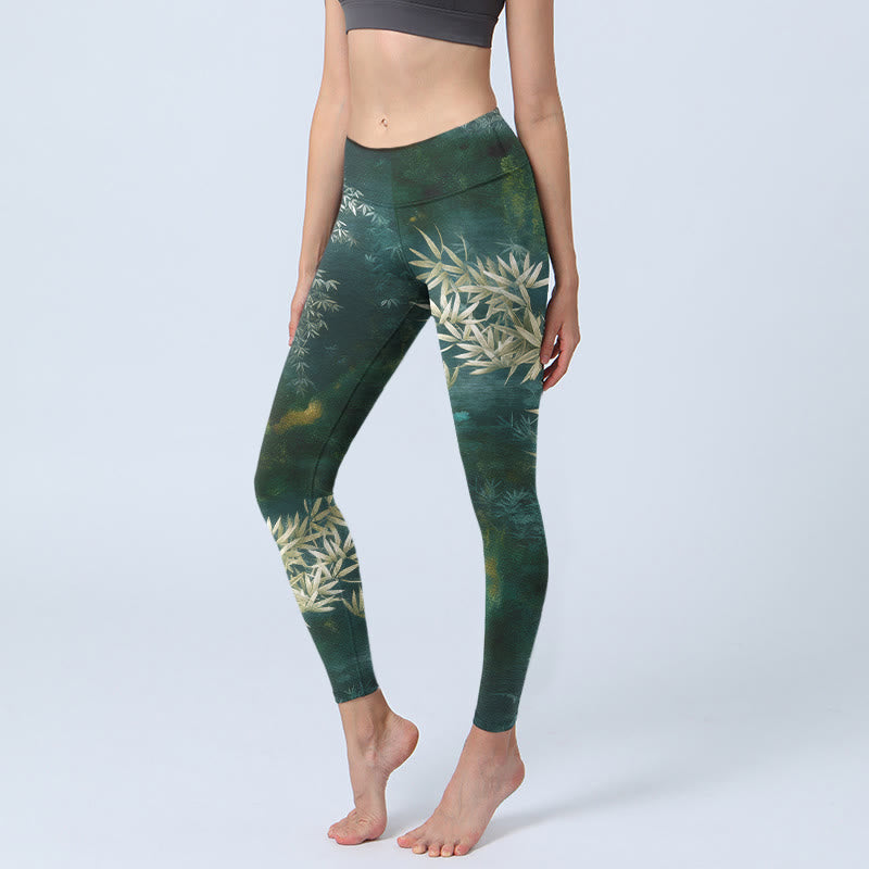 Nimara Ritual Elegant Bamboo Leaf Pattern Print Gym Leggings Women's Yoga Pants