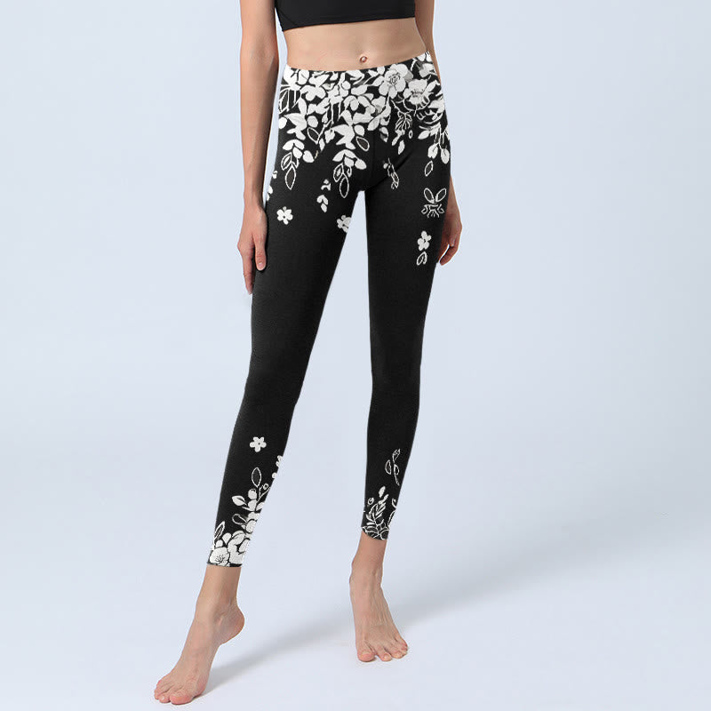 Nimara Ritual Black White Contrast Flower Pattern Print Gym Leggings Women's Yoga Pants
