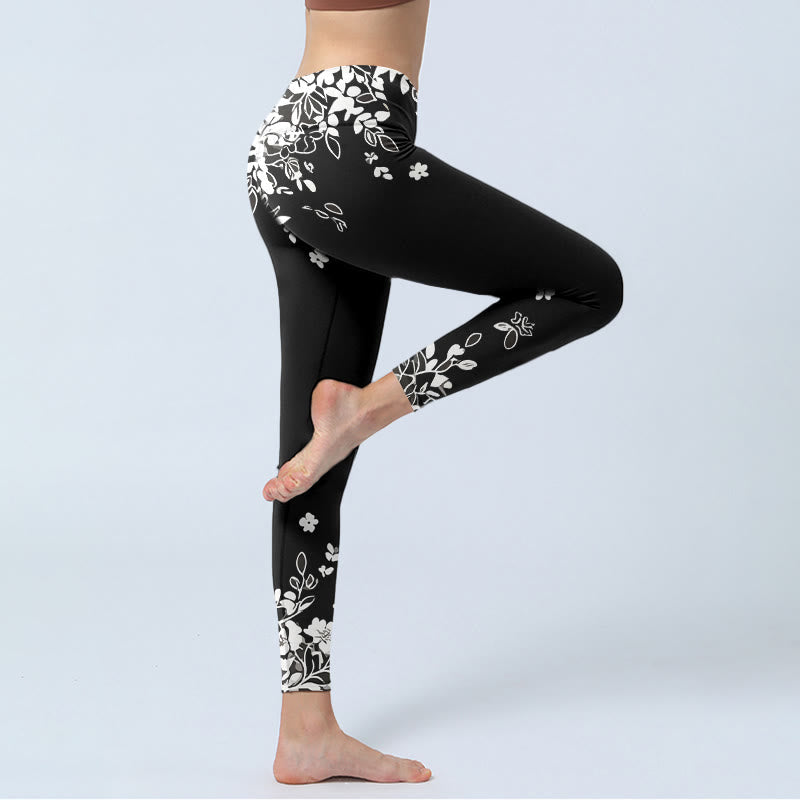 Nimara Ritual Black White Contrast Flower Pattern Print Gym Leggings Women's Yoga Pants