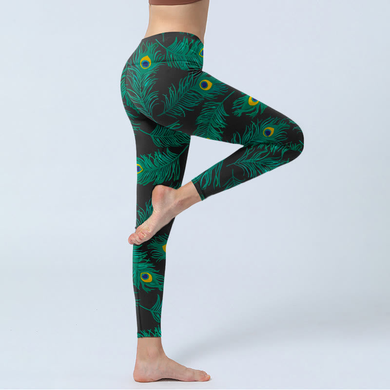 Nimara Ritual Retro Peacock Feather Pattern Print Gym Leggings Women's Yoga Pants