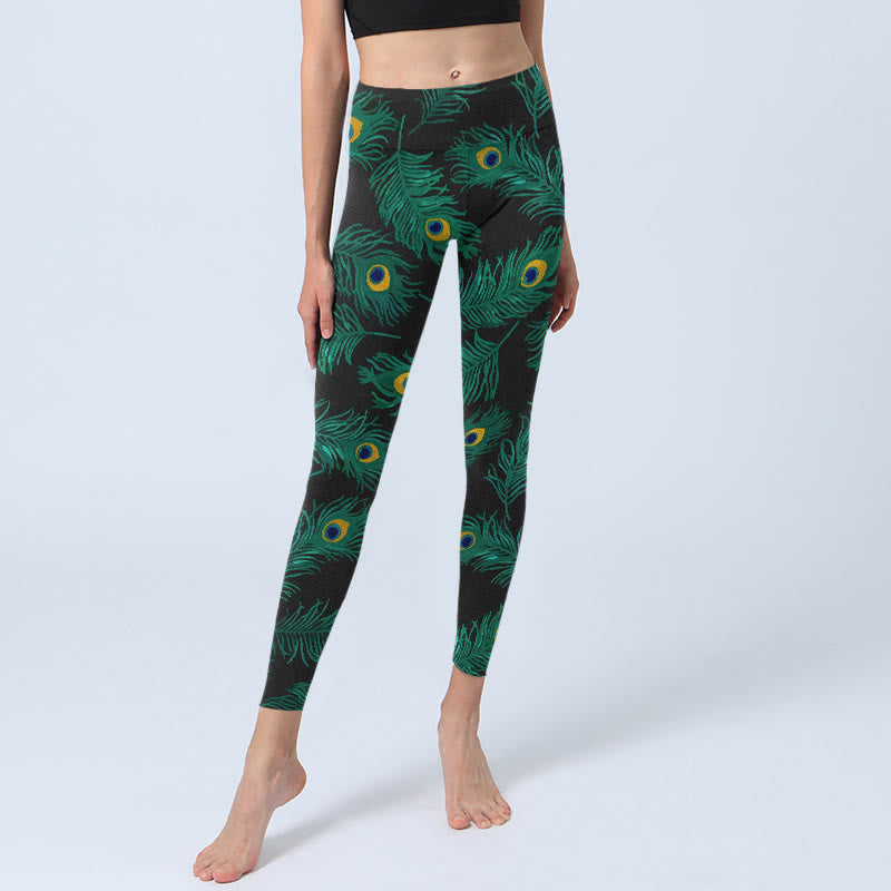 Nimara Ritual Retro Peacock Feather Pattern Print Gym Leggings Women's Yoga Pants